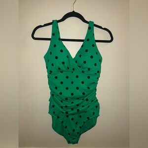 Women's Boden Twist Front One Piece Green Polkadot Swimsuit Size 8 Long